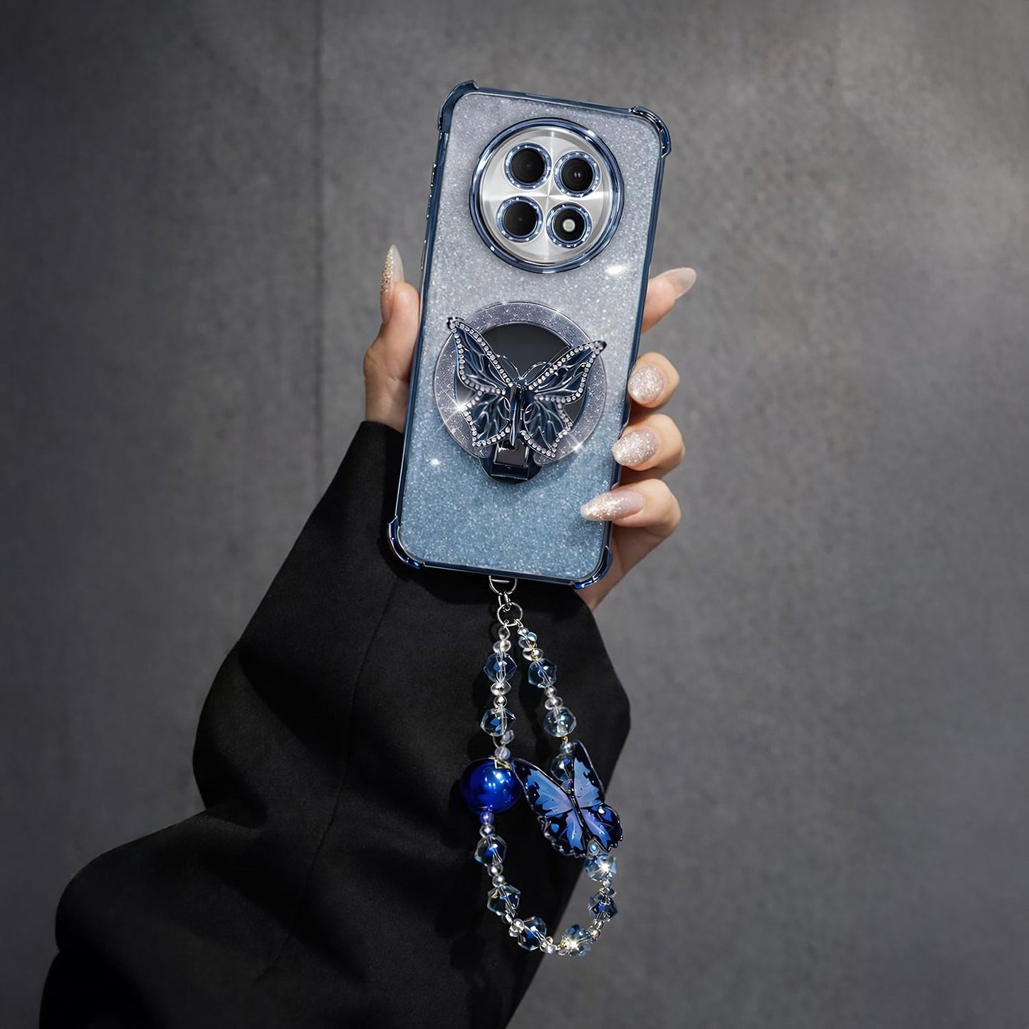 Oppo F31 Pro+ 5G Shockproof Shimmer Butterfly Stand Case with Charm Strap