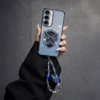 Samsung Galaxy A56 5G Shockproof Shimmer Butterfly Stand Case with Charm Strap
