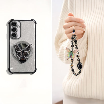 Samsung Galaxy A56 5G Shockproof Shimmer Butterfly Stand Case with Charm Strap