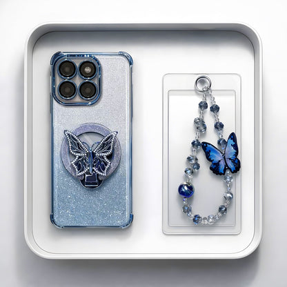 Motorola Edge 60 Pro 5G Shockproof Shimmer Butterfly Stand Case with Charm Strap