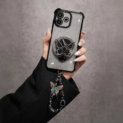 Oppo A5 Pro 5G Shockproof Shimmer Butterfly Stand Case with Charm Strap