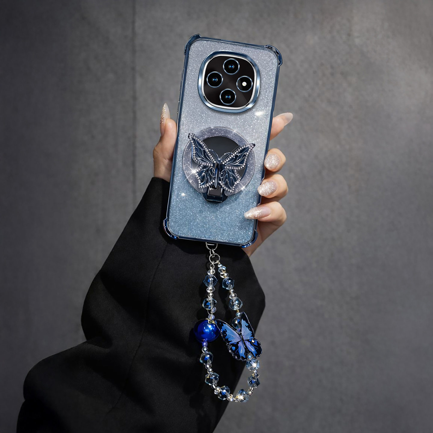 Oppo F31 Pro 5G Shockproof Shimmer Butterfly Stand Case with Charm Strap