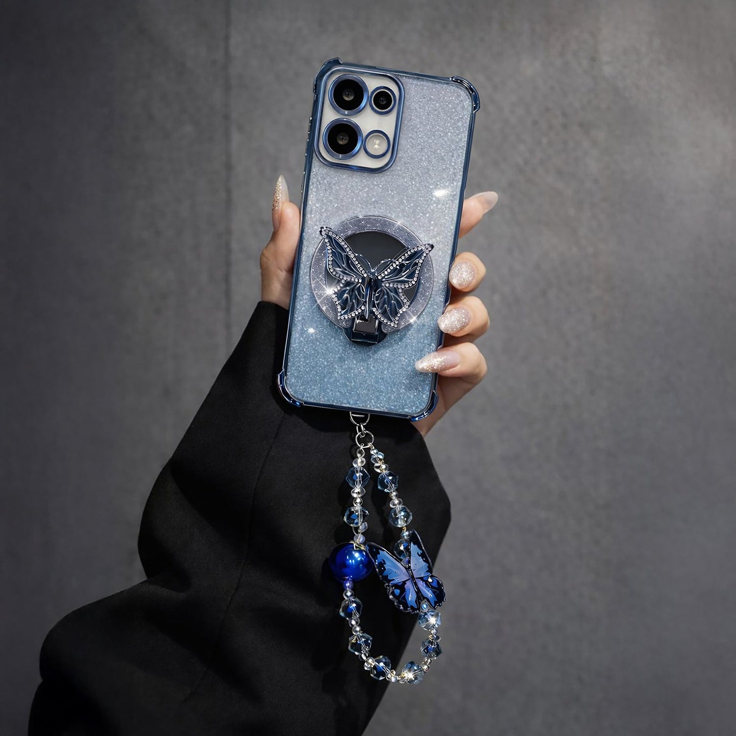 Oppo Reno 13 5G Shockproof Shimmer Butterfly Stand Case with Charm Strap
