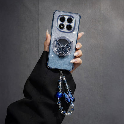 Redmi Note 14 Pro+ 5G Shockproof Shimmer Butterfly Stand Case with Charm Strap