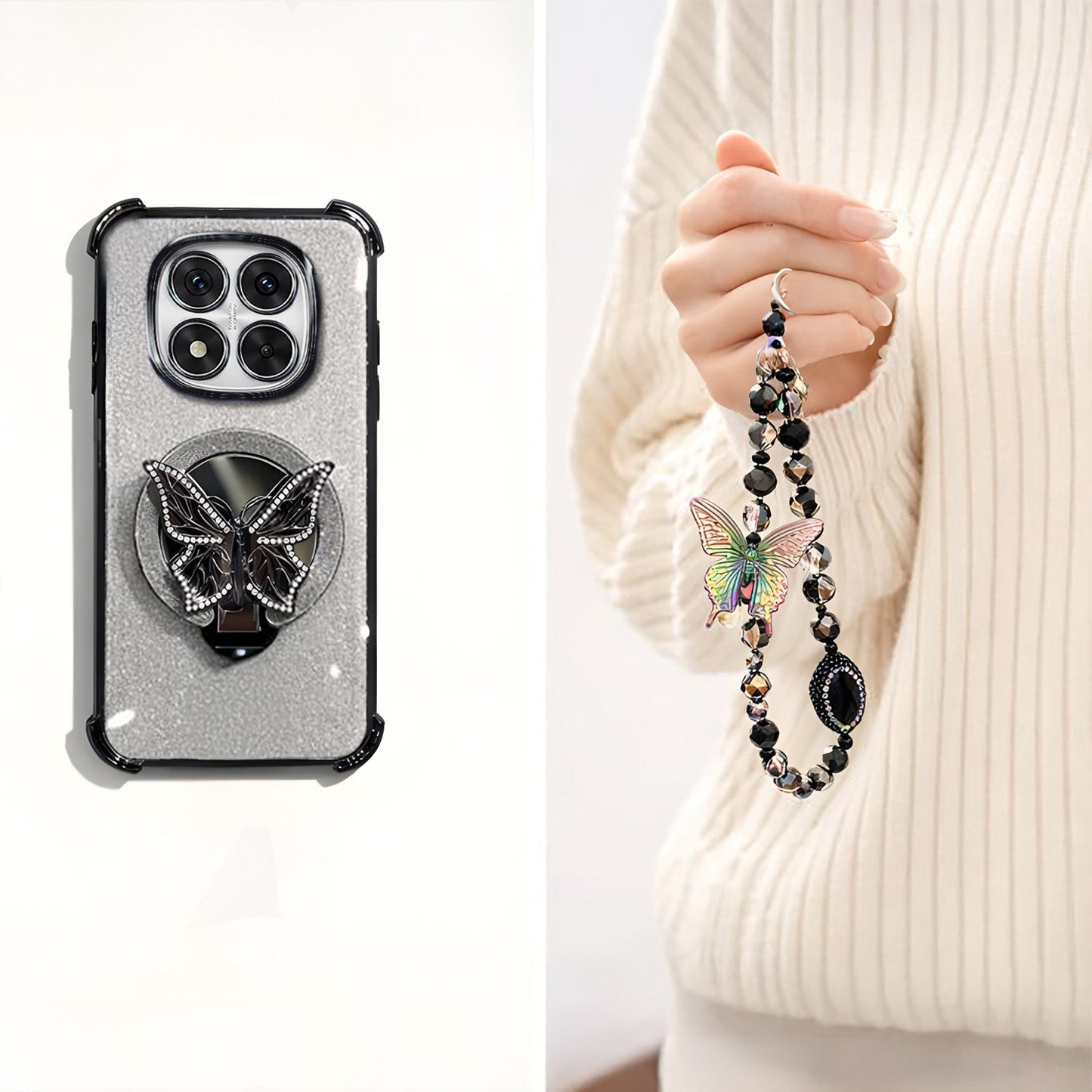 Redmi Note 14 Pro+ 5G Shockproof Shimmer Butterfly Stand Case with Charm Strap