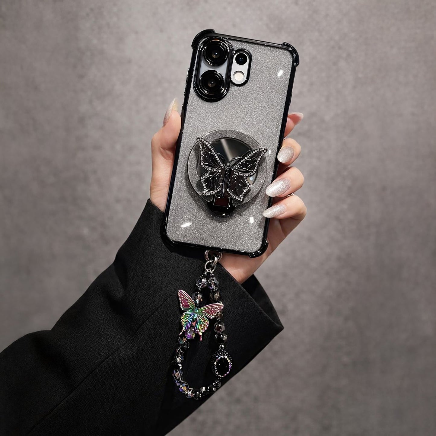 Vivo V60 5G Shockproof Shimmer Butterfly Stand Case with Charm Strap