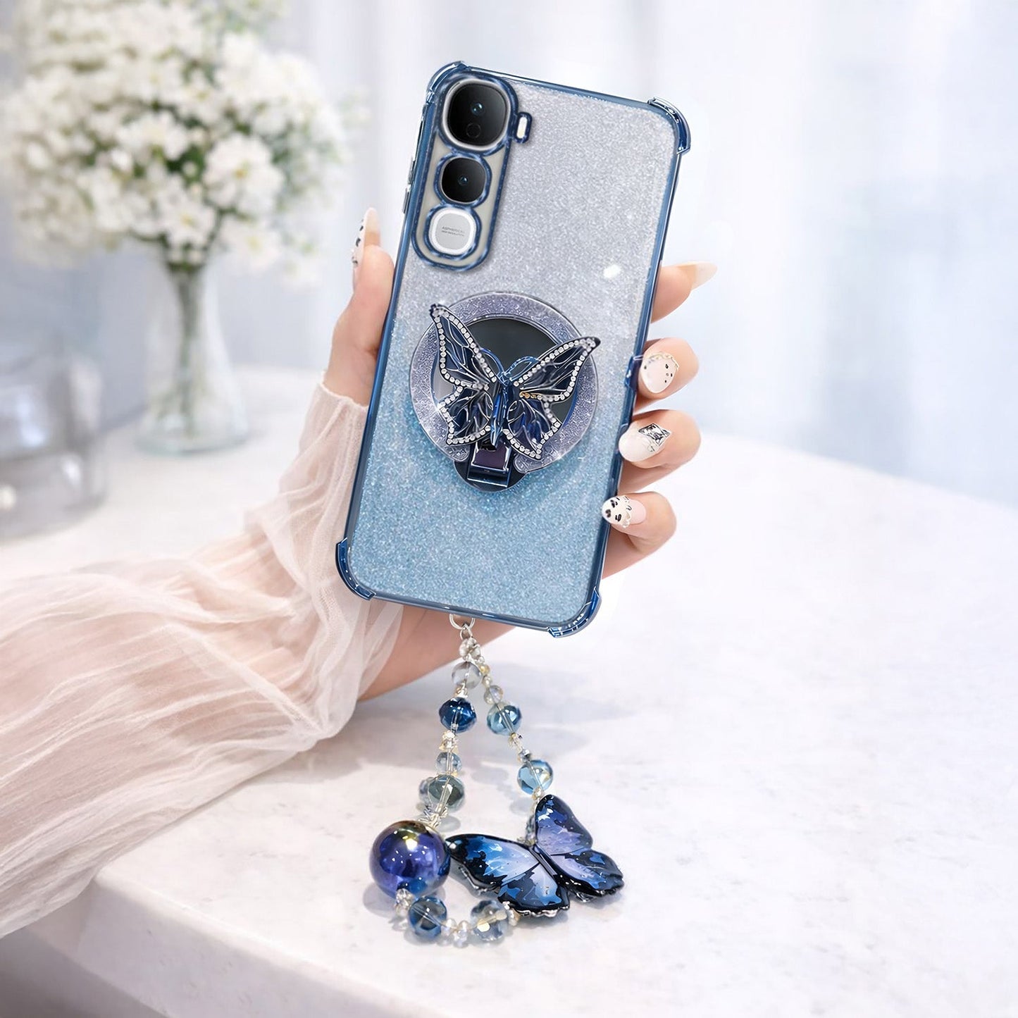 Vivo Y400 Pro 5G Shockproof Shimmer Butterfly Stand Case with Charm Strap