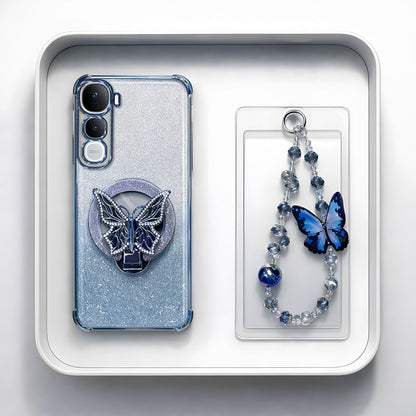Vivo Y400 Pro 5G Shockproof Shimmer Butterfly Stand Case with Charm Strap